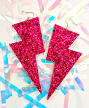 Load image into Gallery viewer, Magenta Glitter - Super Disco Bolt Lightning Bolt Earrings