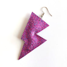 Load image into Gallery viewer, Purple Fine Glitter Disco Bolt Lightning Bolt Earrings