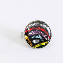 Load image into Gallery viewer, Statement Glitter Disc Ring - Rainbow Pattern Glitter