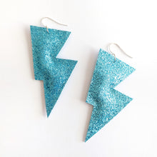 Load image into Gallery viewer, Turquoise Fine Glitter Disco Bolt Lightning Bolt Earrings