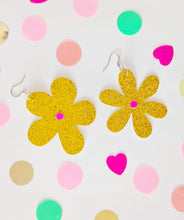 Load image into Gallery viewer, Medium Spring Flower Dangle Earrings - Gold Glitter Petal