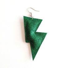 Load image into Gallery viewer, Green Fine Glitter Disco Bolt Lightning Bolt Earrings