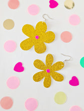 Load image into Gallery viewer, Medium Spring Flower Dangle Earrings - Gold Glitter Petal