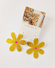 Load image into Gallery viewer, Medium Spring Flower Dangle Earrings - Gold Glitter Petal