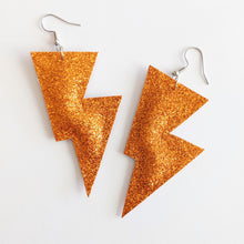 Load image into Gallery viewer, Orange Fine Glitter Disco Bolt Lightning Bolt Earrings