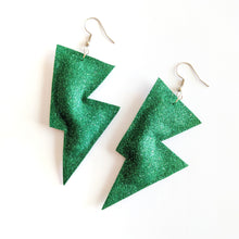 Load image into Gallery viewer, Green Fine Glitter Disco Bolt Lightning Bolt Earrings