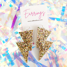 Load image into Gallery viewer, Crushed Pearl Gold Glitter Disco Bolt Lightning Bolt Earrings