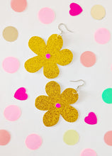 Load image into Gallery viewer, Medium Spring Flower Dangle Earrings - Gold Glitter Petal