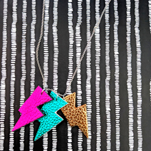 Load image into Gallery viewer, Disco Bolt Triple Bolt Pendant Necklace - Metallic Pink, Gold and Teal