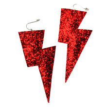 Load image into Gallery viewer, Red Glitter Fabric - Super Disco Bolt Lightning Bolt Earrings