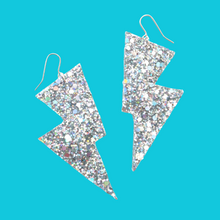 Load image into Gallery viewer, Hologram Silver Glitter - Disco Bolt Lightning Bolt Earrings