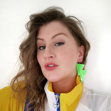 Load image into Gallery viewer, Neon Green Patent Leatherette - Disco Bolt Lightning Bolt Earrings