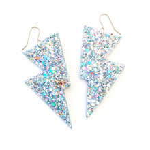 Load image into Gallery viewer, Hologram Silver Glitter - Disco Bolt Lightning Bolt Earrings