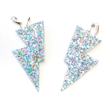 Load image into Gallery viewer, Hologram Silver Glitter - Disco Bolt Lightning Bolt Earrings