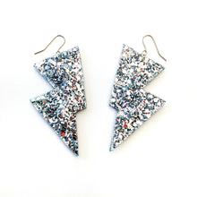 Load image into Gallery viewer, Disco Ball Silver Glitter - Disco Bolt Lightning Bolt Earrings