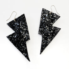 Load image into Gallery viewer, Jet Black Glitter - Disco Bolt Lightning Bolt Earrings