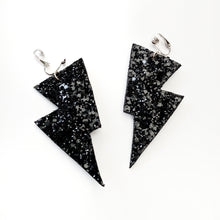 Load image into Gallery viewer, Jet Black Glitter - Disco Bolt Lightning Bolt Earrings