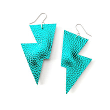 Load image into Gallery viewer, Teal Metallic Leatherette - Disco Bolt Lightning Bolt Earrings