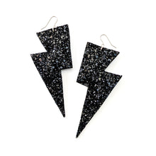 Load image into Gallery viewer, Jet Black Glitter - Super Disco Bolt Oversized Lightning Bolt Earrings