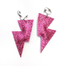 Load image into Gallery viewer, Fine Pink Glitter - Disco Bolt Lightning Bolt Earrings