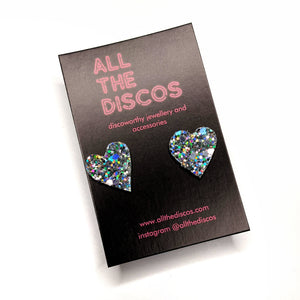 Good Disco Collection - Heart Stud Earrings - Hologram Silver Glitter