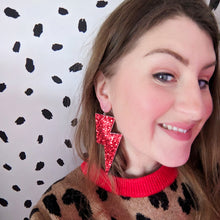 Load image into Gallery viewer, Red Glitter Fabric - Super Disco Bolt Lightning Bolt Earrings