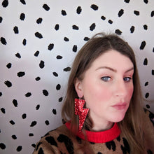 Load image into Gallery viewer, Red Glitter Fabric - Super Disco Bolt Lightning Bolt Earrings