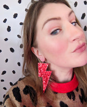 Load image into Gallery viewer, Red Glitter Fabric - Super Disco Bolt Lightning Bolt Earrings