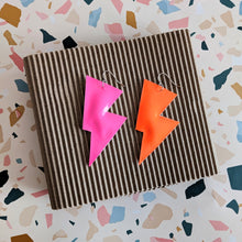 Load image into Gallery viewer, Disco Bolt Lightning Bolt Earrings - Neon Pink and Orange Patent
