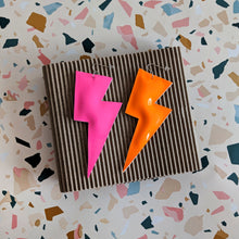 Load image into Gallery viewer, Super Disco Bolt Lightning Bolt Earrings - Neon Pink and Orange