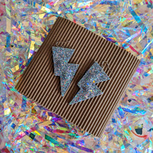 Load image into Gallery viewer, Hologram Silver Glitter - Disco Bolt Lightning Bolt Earrings