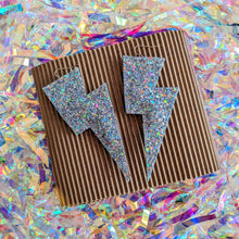 Load image into Gallery viewer, Hologram Silver Glitter - Super Disco Bolt Oversized Lightning Bolt Earrings