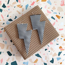 Load image into Gallery viewer, Black and White Stripe Matte Leatherette - Super Disco Bolt Oversized Lightning Bolt Earrings