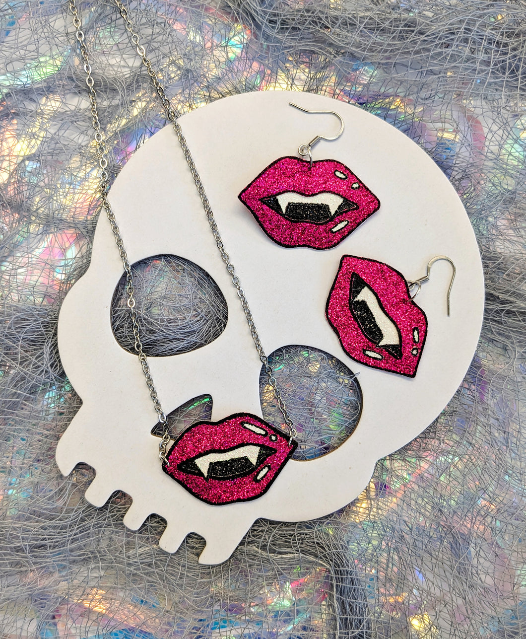 Halloween Vampire Fangs 'Pop Art' Edition Necklace and Earrings Set