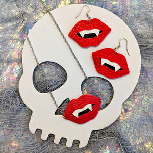 Halloween Vampire Fangs Matte Leatherette Earring and Necklace Set