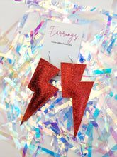 Load image into Gallery viewer, Red Fine Glitter - Super Disco Bolt Lightning Bolt Earrings

