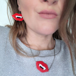 Halloween Vampire Fangs Matte Leatherette Earring and Necklace Set