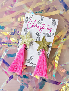Star Tassel Stud Earrings - Hot Pink