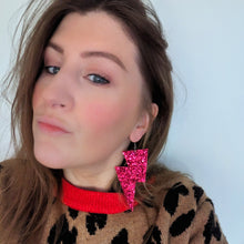 Load image into Gallery viewer, Magenta Glitter - Super Disco Bolt Lightning Bolt Earrings
