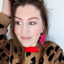 Load image into Gallery viewer, Magenta Glitter - Disco Bolt Lightning Bolt Earrings
