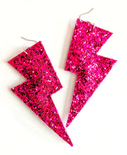 Load image into Gallery viewer, Magenta Glitter - Super Disco Bolt Lightning Bolt Earrings
