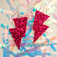 Load image into Gallery viewer, Magenta Glitter - Disco Bolt Lightning Bolt Earrings

