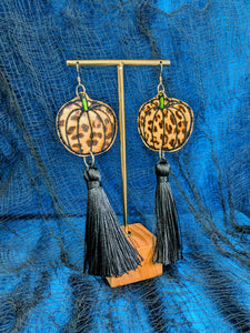Leopard Print Party Pumpkins - Halloween Tassel Earrings