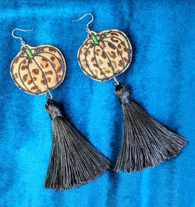 Leopard Print Party Pumpkins - Halloween Tassel Earrings