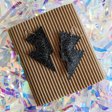 Load image into Gallery viewer, Dark Confetti Fine Glitter Disco Bolt Lightning Earrings
