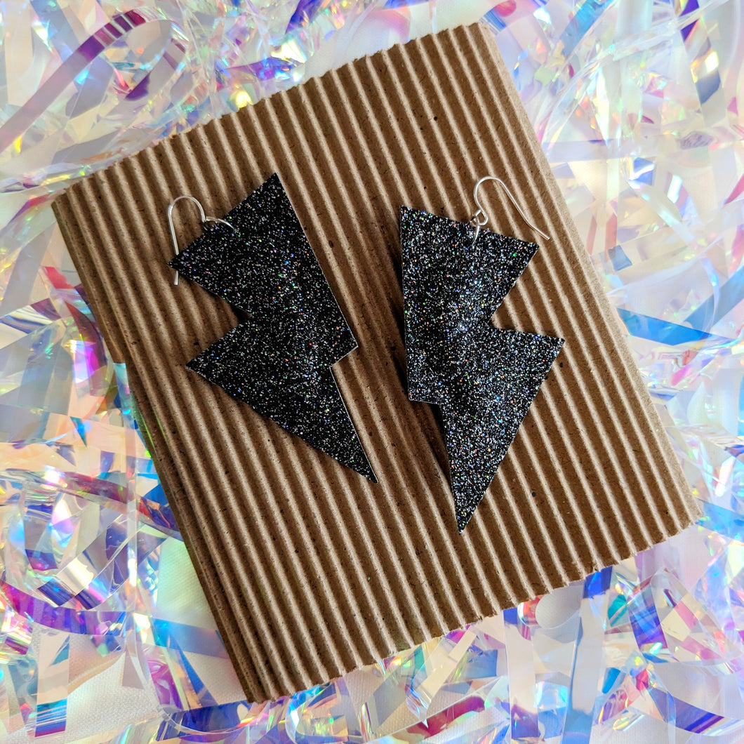 Dark Confetti Fine Glitter Disco Bolt Lightning Earrings