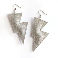 Load image into Gallery viewer, Silver Fine Glitter Disco Bolt Lightning Bolt Earrings
