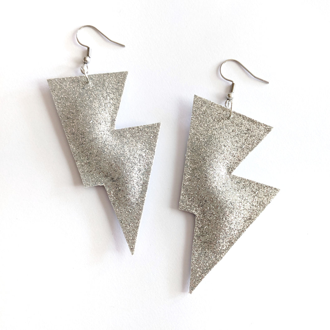 Silver Fine Glitter Disco Bolt Lightning Bolt Earrings
