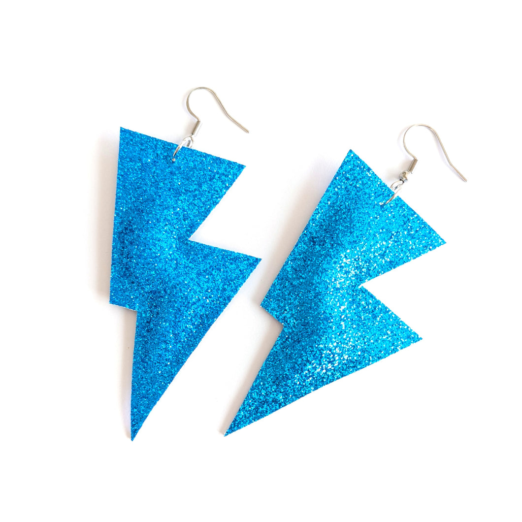 Blue Fine Glitter Disco Bolt Lightning Bolt Earrings