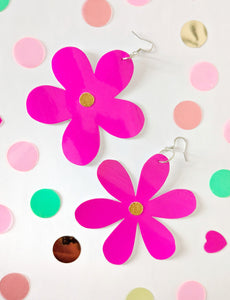 Large Spring Flower Dangle Earrings - Patent Pink Mixed Petal